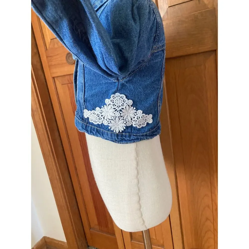 Little Lass Denim Jacket With Lace Applique, Size 6